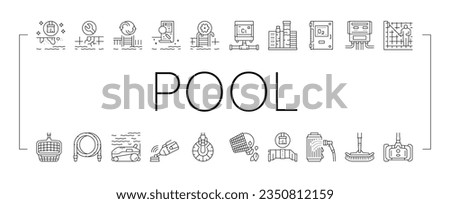 Pool Cleaning Service Collection Icons Set Vector. Pool Cleaning Electronic Robot With Vacuum Brush And Cleaner Equipment, Ozonator And Filtration Black Contour Illustrations