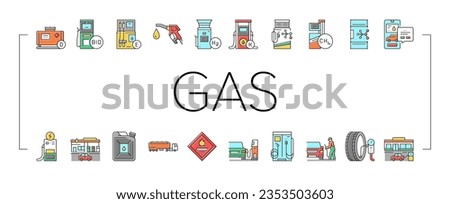 Gas Station Refueling Equipment Icons Set Vector. Diesel And Gasoline, Ethanol And Methanol Gas Station, Wheel Inflation And Car Washing Service Line. Canister And Barrel With Fuel Color Illustrations