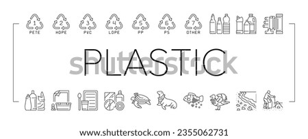 Plastic Waste Nature Environment Icons Set Vector. Bottle And Container, Package And Bag, Bird And Turtle, Seal And Fish With Plastic Waste. Volunteer Cleaning Beach Black Contour Illustrations