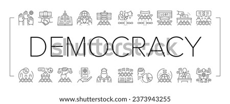 Democracy Government Politic Icons Set Vector. Democracy Parliament And Political Voting, Citizen Patriotism And Social Justice, Majority Rules And Minority Rights Black Contour Illustrations