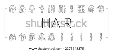 Hair Extension Salon Procedure Icons Set Vector. Hair Extension And Cutting, Multicolor Palette For Choosing Style, And Accessory, Hairdresser Worker And Client Black Contour Illustrations