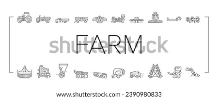 Farm Equipment And Transport Icons Set Vector. Baler And Manure Spreader, Hydroponic And Transplanter Machinery Farm Equipment Line. Tractor And Truck Farmland Car Black Contour Illustrations