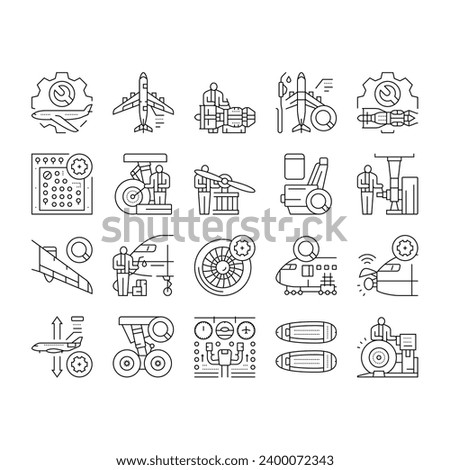 aircraft mechanic icons set vector. aviation maintenance, airplane plane, jet engine, industry airport, repair, hangar aircraft mechanic black contour illustrations