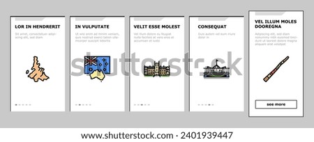 Australia Continent Landscape onboarding mobile vector. Australia Flag And Didgeridoo National Musician Instrument, Tasmania And Kangaroo Animal, Fraser And Whitsunday Island Color Illustrations