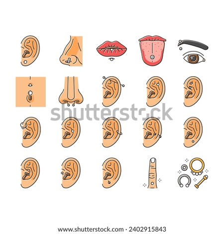 piercing fashion beauty earring icons set vector. body pierced, face style, pierce jewelry, metal ear, nose female, ring metallic piercing fashion beauty earring color line illustrations