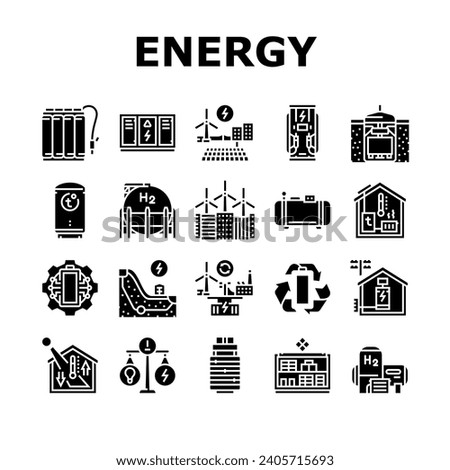 energy storage power system icons set vector. grid lithium, ion electric, photovoltaic wind, green industry, technology, smart energy storage power system glyph pictogram Illustrations