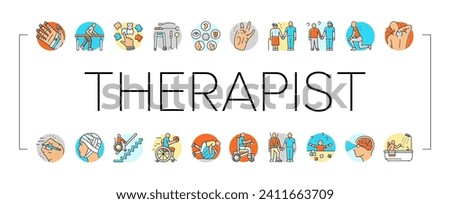occupational therapist health icons set vector. therapy physical care, physiotherapist assistance, professional doctor occupational therapist health color line illustrations