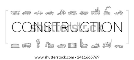 construction vehicle heavy work icons set vector. bulldozer excavator, equipment machine, machinery backhoe, tractor industry construction vehicle heavy work black line illustrations