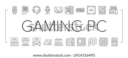 game pc gamer computer online icons set vector. play neon, video headset, cyber internet, monitor keyboard, screen digital game pc gamer computer online black line illustrations