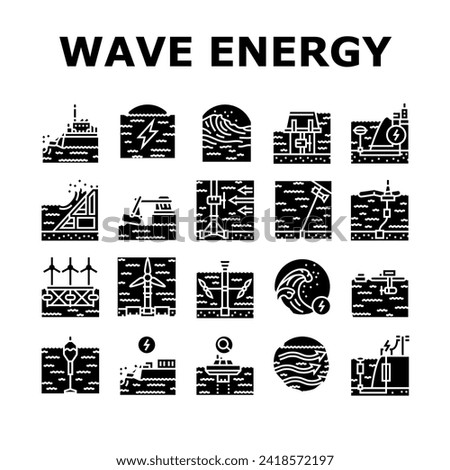wave energy power tidal icons set vector. sea plant, hydro electric, tide generation, station water turbine, lake electricity wave energy power tidal glyph pictogram Illustrations