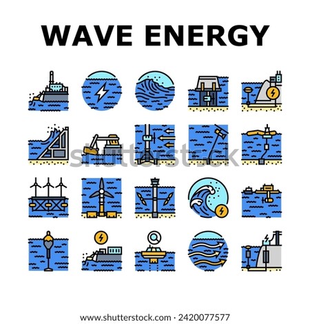 wave energy power tidal icons set vector. sea plant, hydro electric, tide generation, station water turbine, lake electricity wave energy power tidal color line illustrations