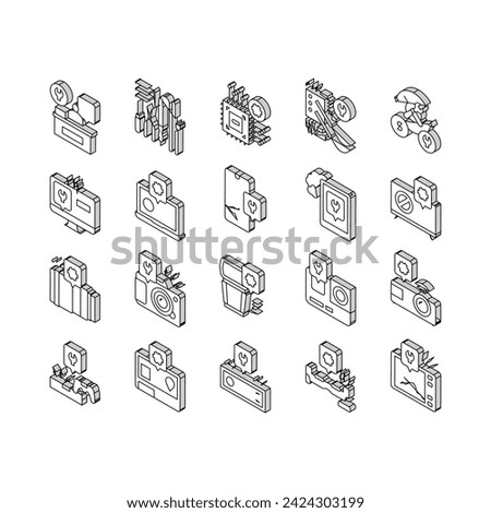 Electronic Repair Collection isometric icons set. Photo And Video Camera, Computer Chip And Screen, Phone And Tablet Fixing With Repair Tools Concept Linear Pictograms. Contour Color .