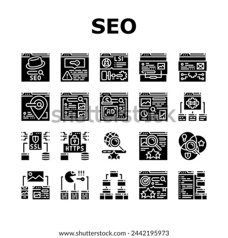 seo market rank search icons set vector. improve marketing, dashboard report, building result, top website, digital seo market rank search glyph pictogram Illustrations