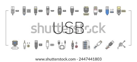 Usb Cable And Port Purchases Icons Set Vector. 3.0 Usb Cable And Dp Displayport, Tangle Earphone And Hub, Thunderbolt And Charger, Mini Jack And Microphone Line. Color Illustrations