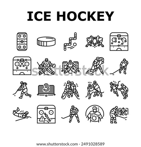 ice hockey puck stick sport icons set vector. rink arena, stadium player, skate goal, sign athlete, badge light, winter, game ice hockey puck stick sport black contour illustrations