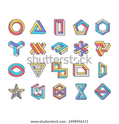 impossible geometric shape icons set vector. triangle illusion, abstract 3d optical cube, infinity object art, paradox esher impossible geometric shape color line illustrations