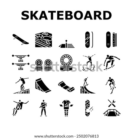 skateboard skate skater icons set vector. board jump, boy sport, street cool, man summer, park city, trick young air urban skateboard skate skater glyph pictogram Illustrations