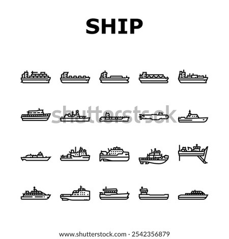 ship cargo maritime navigation icons set vector. deck hull, port starboard, stern bow, keel mast, sail captain, crew, voyage, dock ship cargo maritime navigation black contour illustrations