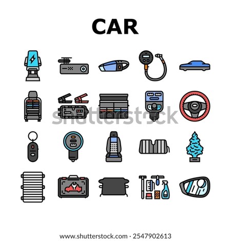 car accessories seat cover icons set vector. phone mount, dash cam, vacuum cleaner, tire pressure gauge, freshener car accessories seat cover color line illustrations