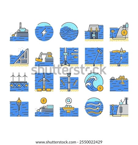 wave energy power tidal icons set vector. sea plant, hydro electric, tide generation, station water turbine, lake electricity wave energy power tidal color line illustrations