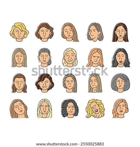 facial expression female smile icons set vector. pout smirk, glare wink, blush scowl, grin sneer, beam, grimace pout, sulk, glower facial expression female smile color line illustrations