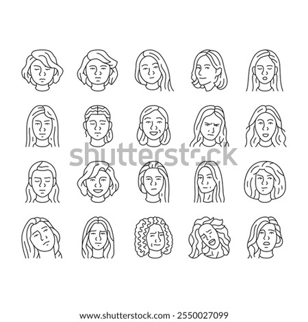 facial expression female smile icons set vector. pout smirk, glare wink, blush scowl, grin sneer, beam, grimace pout, sulk, glower facial expression female smile black contour illustrations