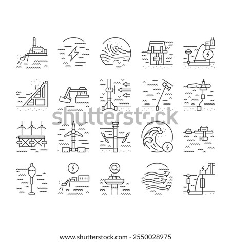 wave energy power tidal icons set vector. sea plant, hydro electric, tide generation, station water turbine, lake electricity wave energy power tidal black contour illustrations