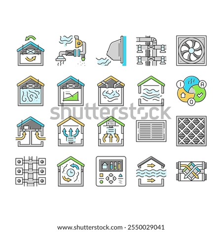 air ventilation cold fan icons set vector. conditioner wind, heat climate, condition hot, flow house, control system technology air ventilation cold fan color line illustrations