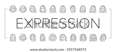 facial expression female smile icons set vector. pout smirk, glare wink, blush scowl, grin sneer, beam, grimace pout, sulk, glower facial expression female smile black contour illustrations