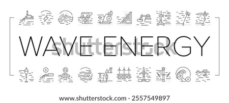 wave energy power tidal icons set vector. sea plant, hydro electric, tide generation, station water turbine, lake electricity wave energy power tidal black contour illustrations