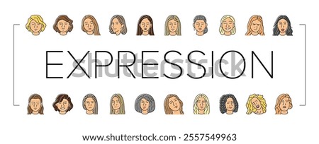 facial expression female smile icons set vector. pout smirk, glare wink, blush scowl, grin sneer, beam, grimace pout, sulk, glower facial expression female smile color line illustrations