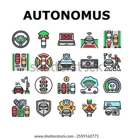 autonomous vehicle self driving icons set vector. ai sensors, lidar radar, gps navigation, safety innovation, technology mobility autonomous vehicle self driving color line illustrations