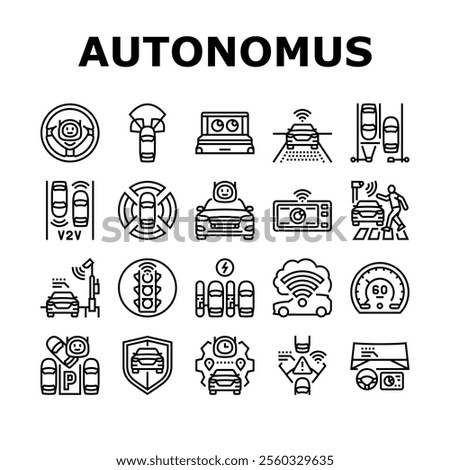 autonomous vehicle self driving icons set vector. ai sensors, lidar radar, gps navigation, safety innovation, technology mobility autonomous vehicle self driving black contour illustrations