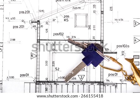 Architect project drawing blueprint house keys real estate concept
