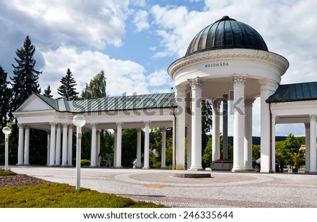 MARIANSKE LAZNE, CZECH REPUBLIC - AUG 29, 2012: St. Cross spring colonnade in historic town center. Spa nominated for registration in UNESCO list.