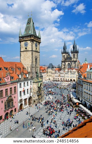 PRAGUE,CZECH REPUBLIC - MAY 05, 2013:  Old Town Square with Town hall tower with astronomical clock and  gothic Tyne church, protected by UNESCO