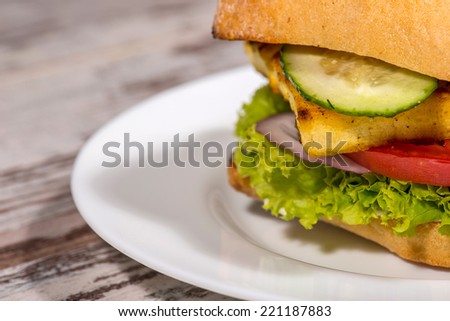 Close-up picture of vegetarian sandwich with tofu, tomatoes, salad and cucumber on the white plate standing on the wooden table in vegan caffee, with copy place