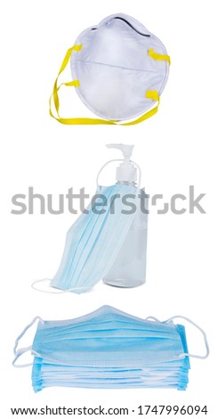 Medical mask ,Mask N-95 and hand sanitizer gel isolated on white background, Corona protection, virus, flu and Health care.  Stock foto © 