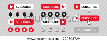 Subscribe set button for social media.  Video play and notification icons.  Flat subscribe for concept web design. Isolated vector illustration.