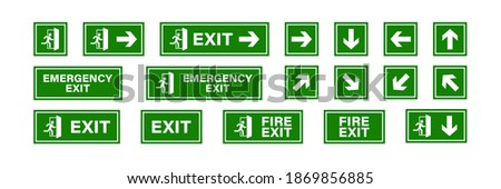 Exit sign set. Emergency and fireexit icons. Man running out arrow, green background. Isolated vector illustration.