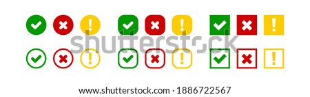 Check cross and exclamation mark  big set vector icon. Red green and yellow isolated square and circle, illustration in flat style