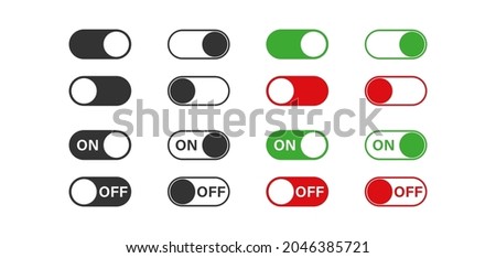 Switch toggle buttons. ON and OFF vector icons set in flat style. App interface slider
