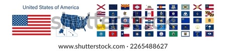 State flags of United States of America set icon and map. Regions flag vector illustration