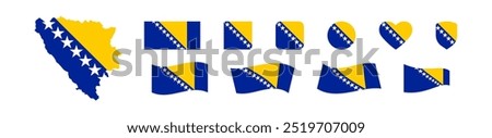 Bosnia and Herzegovina map and flag icon set. National Europa country symbol. Isolated vector