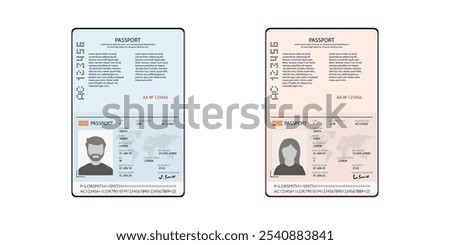 Passport open id document for travel. Blank template men and woman international id. Flat isolated vector