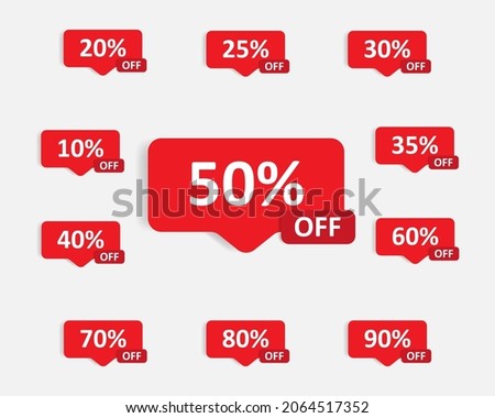 Discount clearance sale red sticker offering price reduction. Sticky badge or label with ten to ninety percent off set for economy shopping vector illustration EPS 10 
Size artboard 5000 x 4000