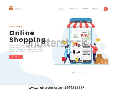 Vector Illustration idea concept for landing page template, various shops, discounts, purchase of goods and gifts, shopping concept and delivery of goods through online. Flat Gradient Styles