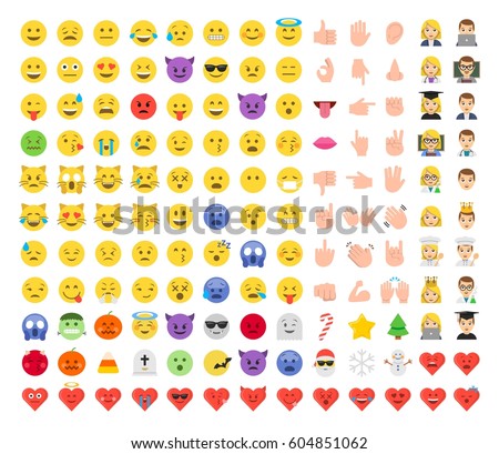 Abstract funny flat style emoticon set. Christmas celebration icons: snowman, snowflake, christmas tree, star, candy, santa claus. Halloween emotions.