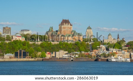 Skyline of Quebec city (a UNESCO World Heritage site) shot from saint Lawrence river including the Citadel and Chateau Frontenac a historic hotel and landmark in Canada.