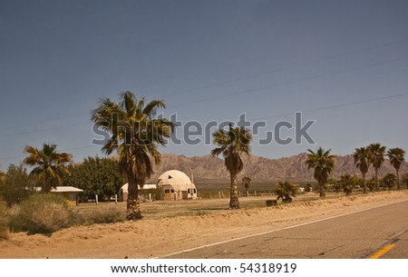Geodesic Dome and Palm Trees in the Mojave Desert